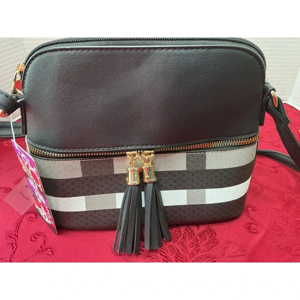 New Vegan Leather Plaid Crossbody Bag Black Grey White Tassel Dome Purse - Picture 10 of 14